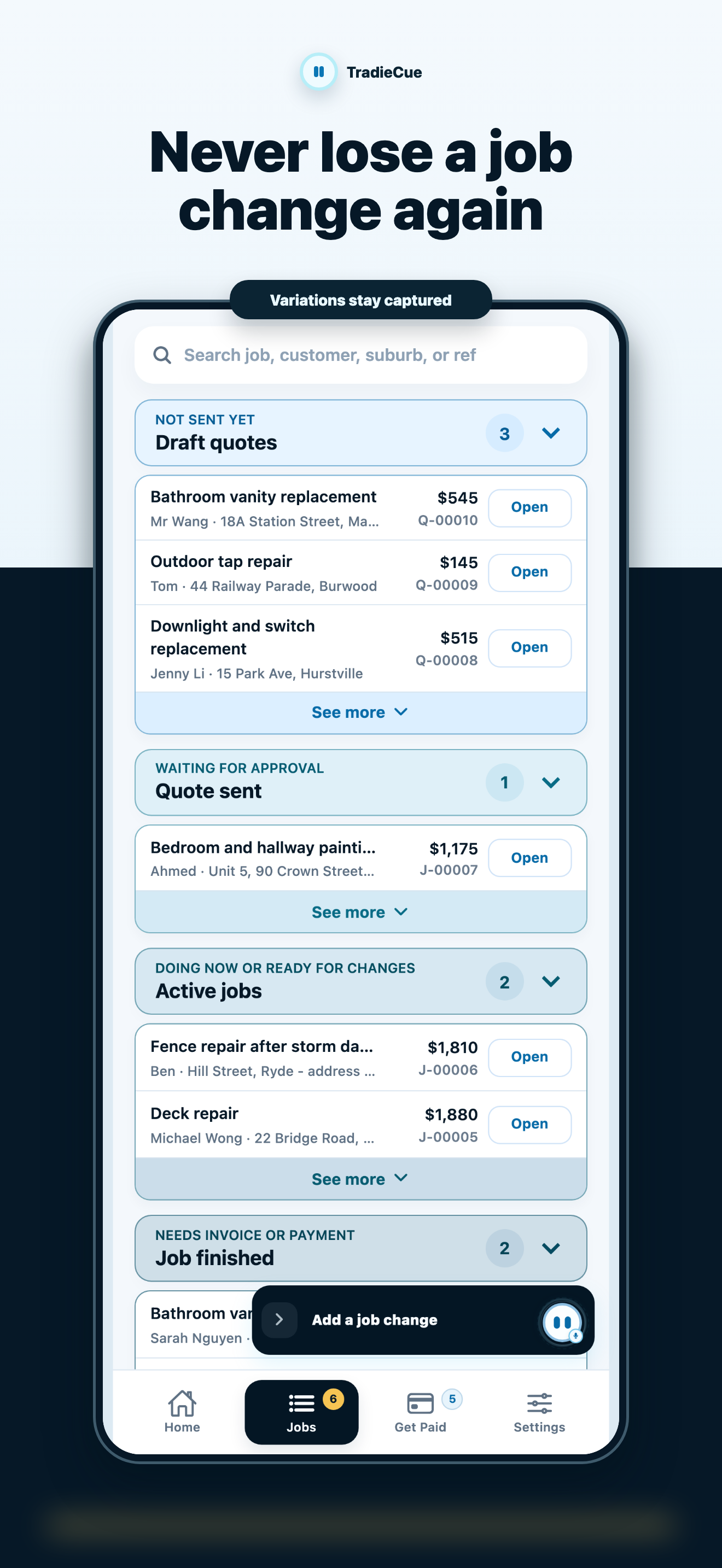 Current TradieCue Jobs UI with quote and active job shelves