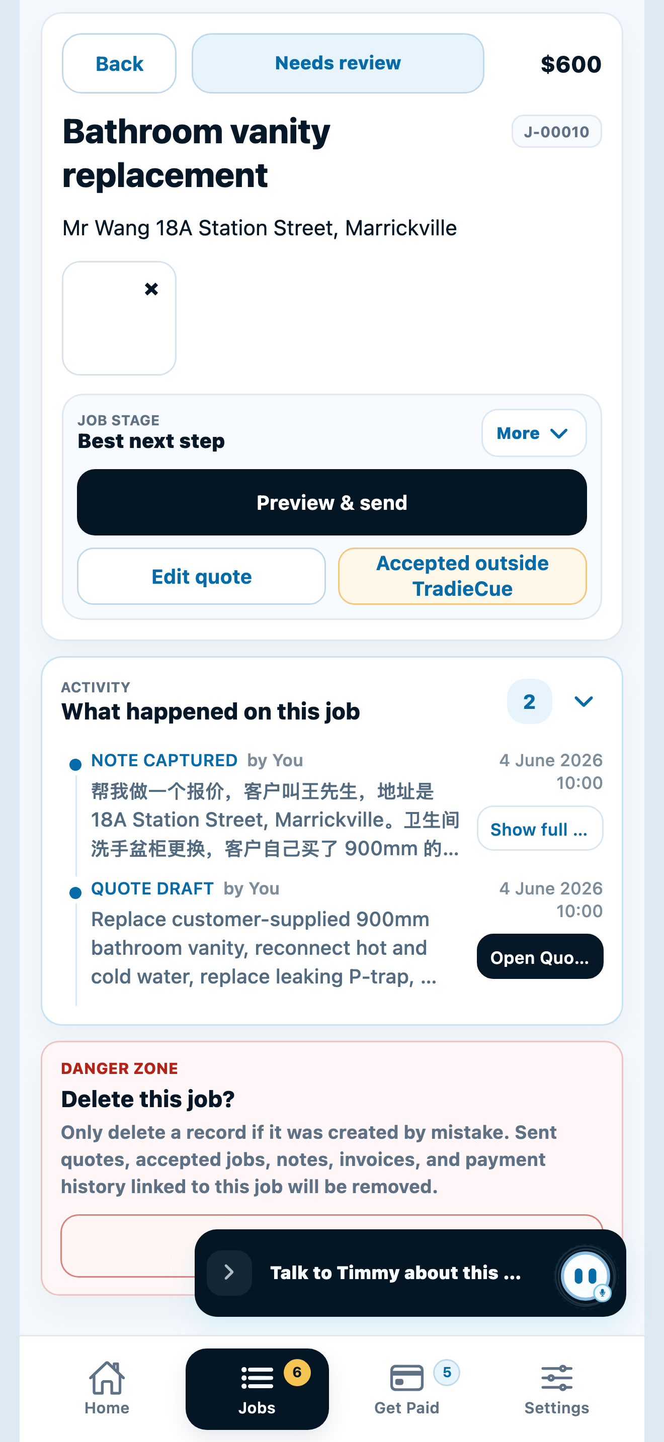 Current TradieCue quote editor UI