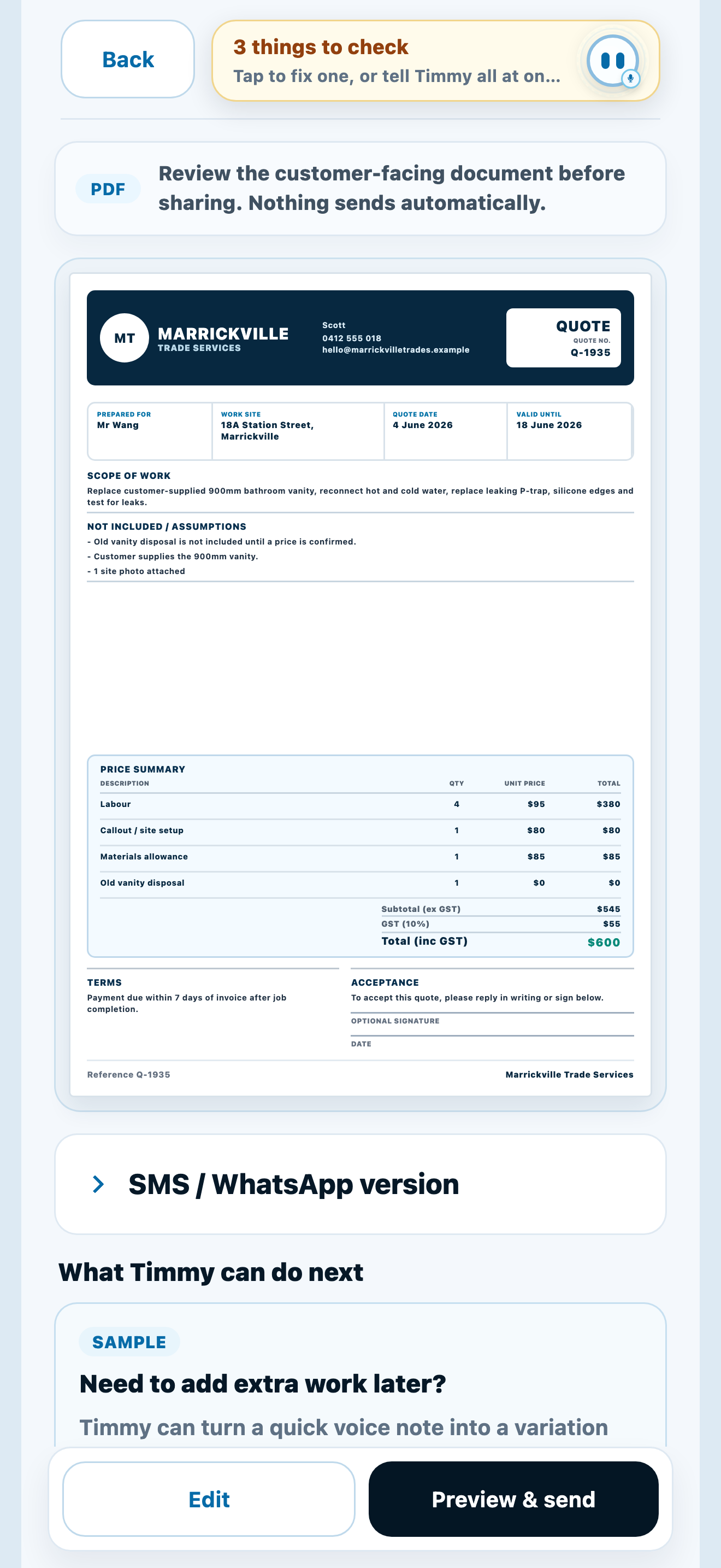 Current TradieCue professional quote preview UI
