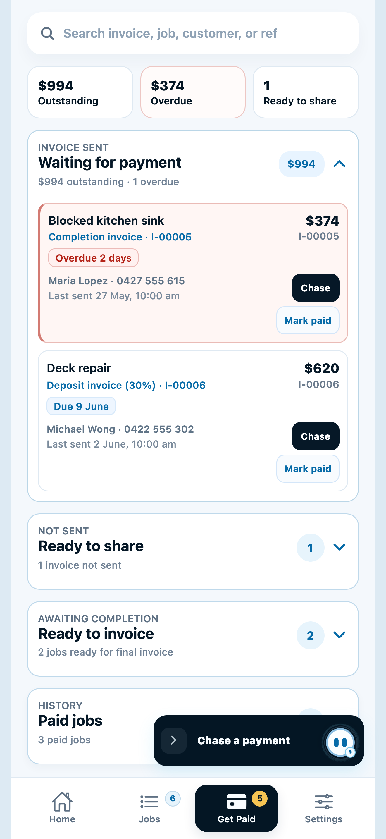 Current TradieCue Get Paid follow-up UI